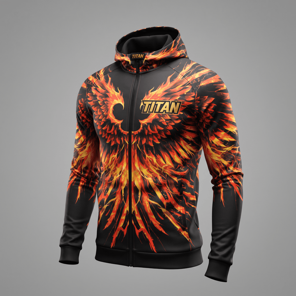 Black zip-up hoodie featuring red and orange fiery wing graphics and the Titan logo on the chest.