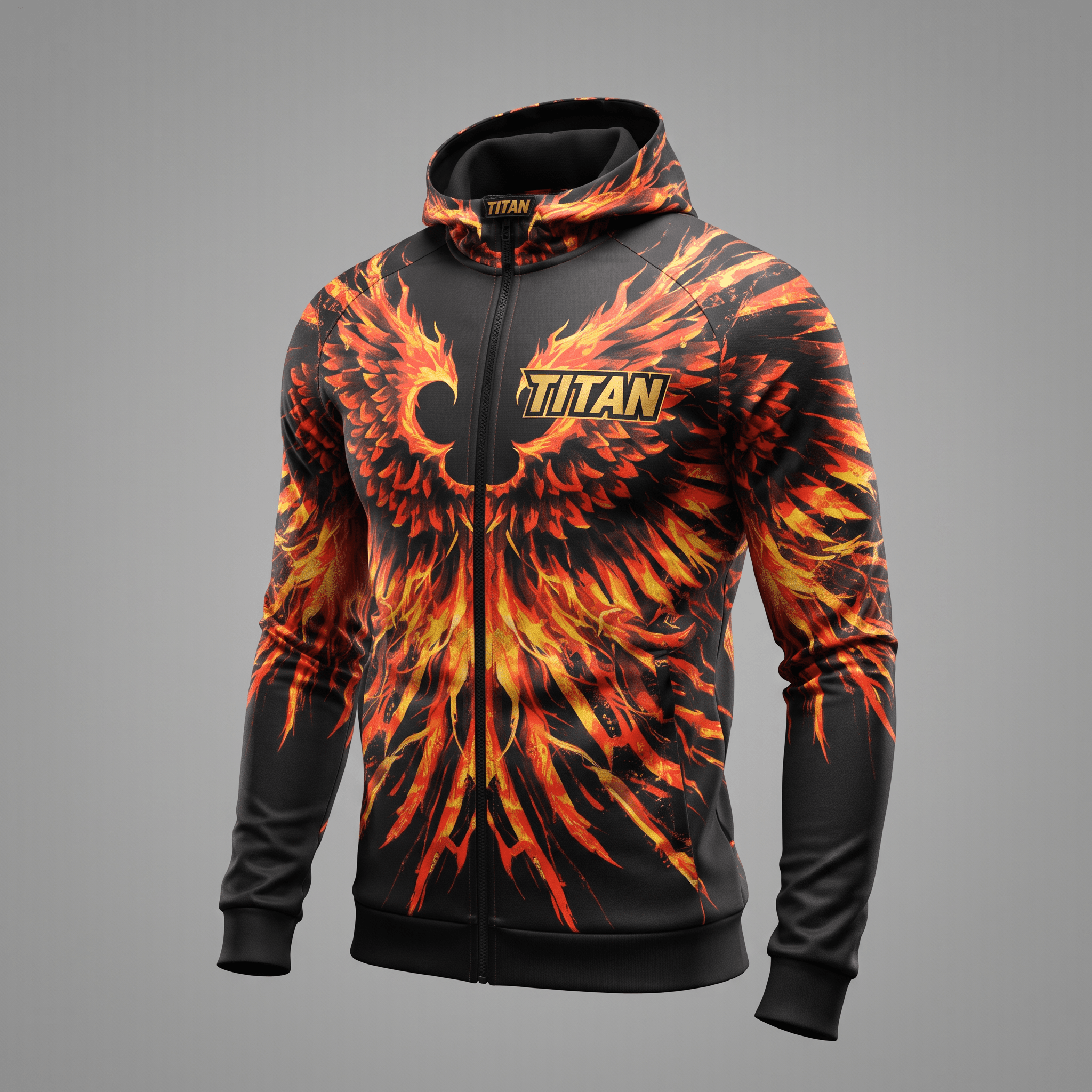 Black zip-up hoodie featuring red and orange fiery wing graphics and the Titan logo on the chest.