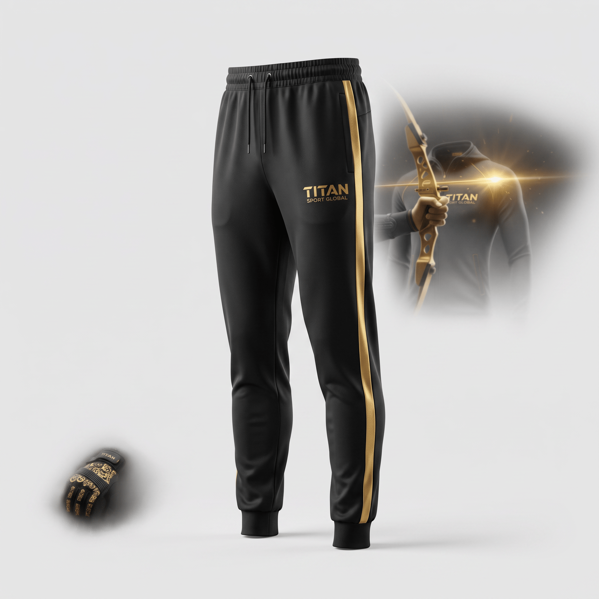 Black and gold Titan Sport Global athletic sweatpants with side stripes and matching glove and hoodie.