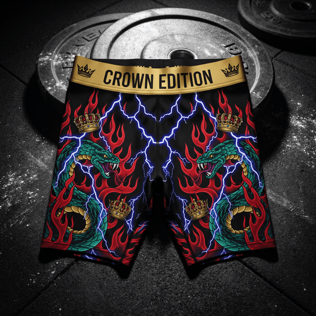 Black athletic shorts with "CROWN EDITION" gold waistband, featuring green snakes, red flames, and blue lightning.