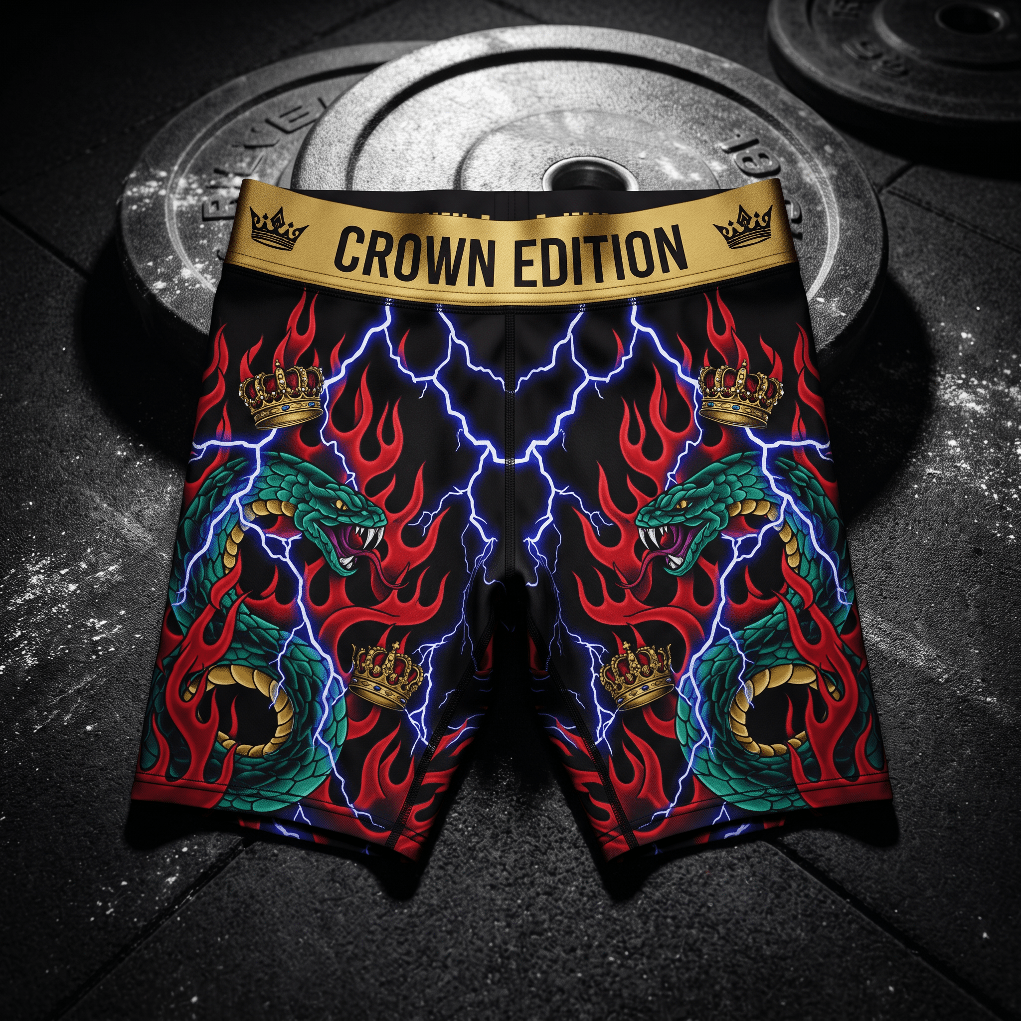 Black athletic shorts with "CROWN EDITION" gold waistband, featuring green snakes, red flames, and blue lightning.