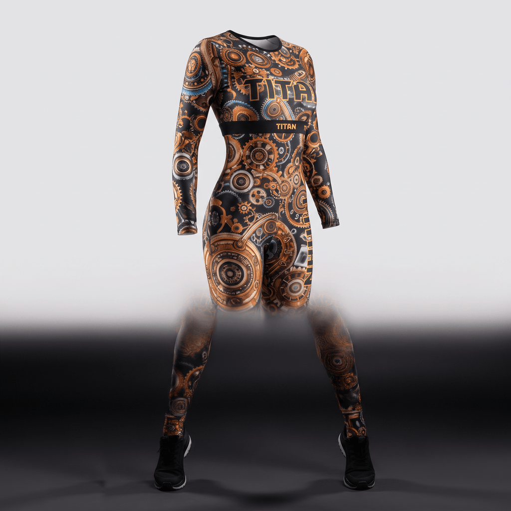 Titan long-sleeve athletic jumpsuit in black with a copper and brown steampunk gear print.