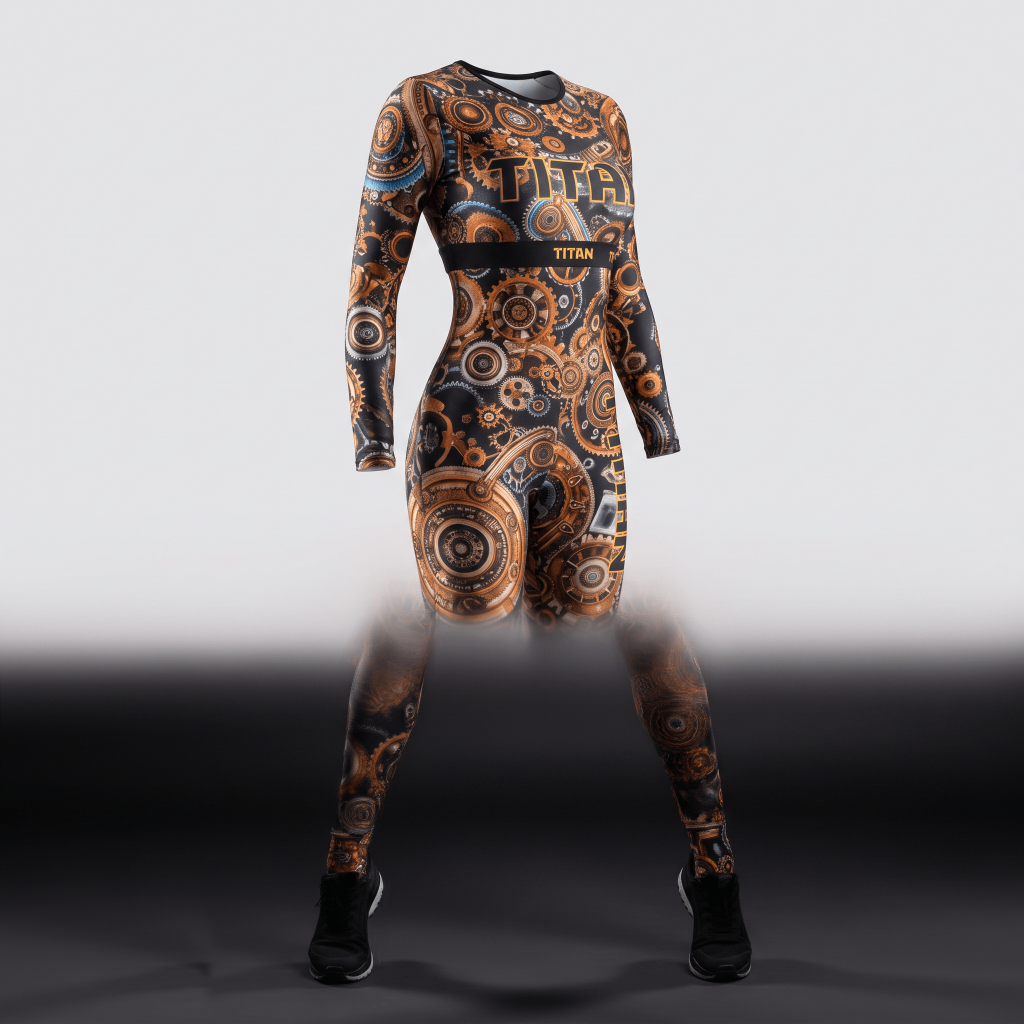 Titan long sleeve athletic bodysuit featuring a brown and black steampunk gear print.