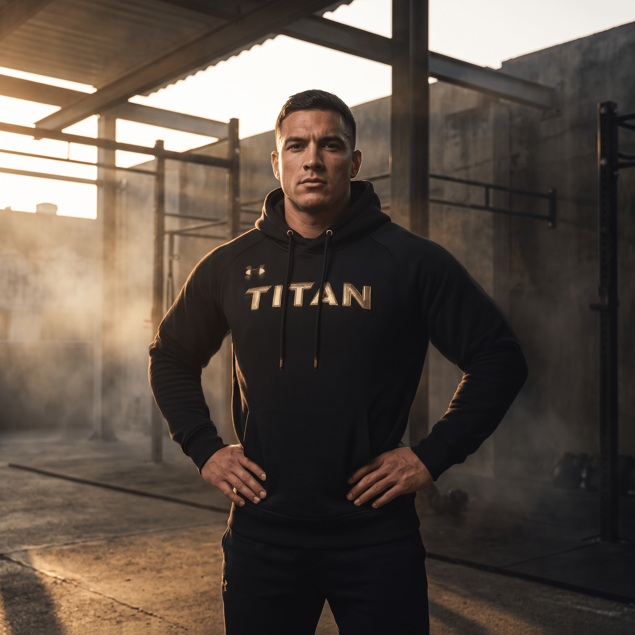 Male athlete stands in an industrial gym wearing a black TITAN Sherpa Hoodie with gold branding, hands on hips.