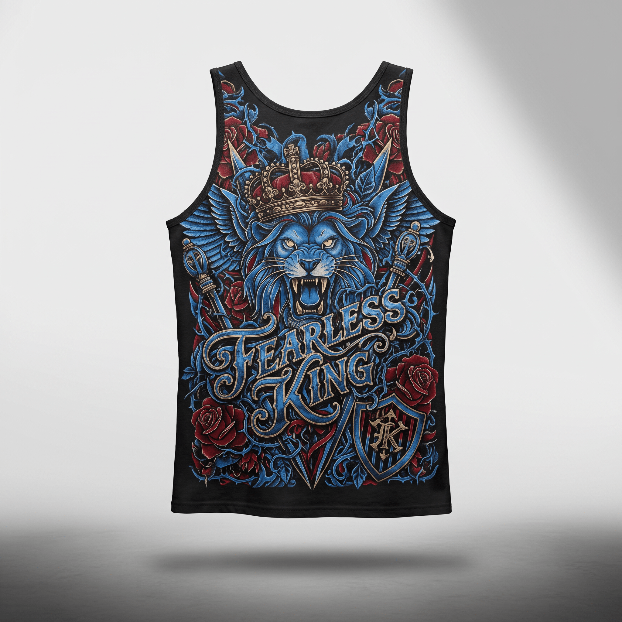 Black tank top featuring a roaring blue winged lion with a crown, roses, and the text Fearless King.