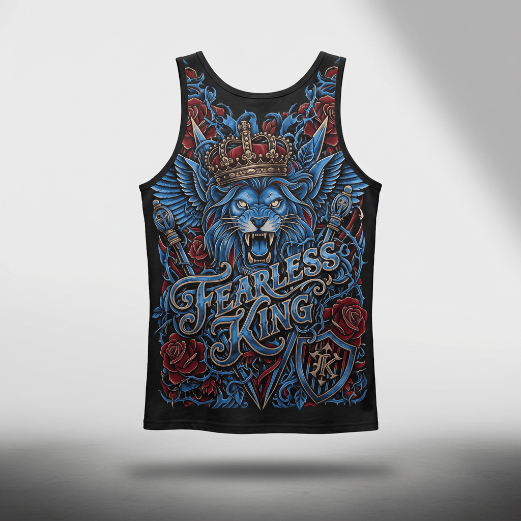 Black tank top featuring Fearless King graphic with blue lion, crown, and red roses.