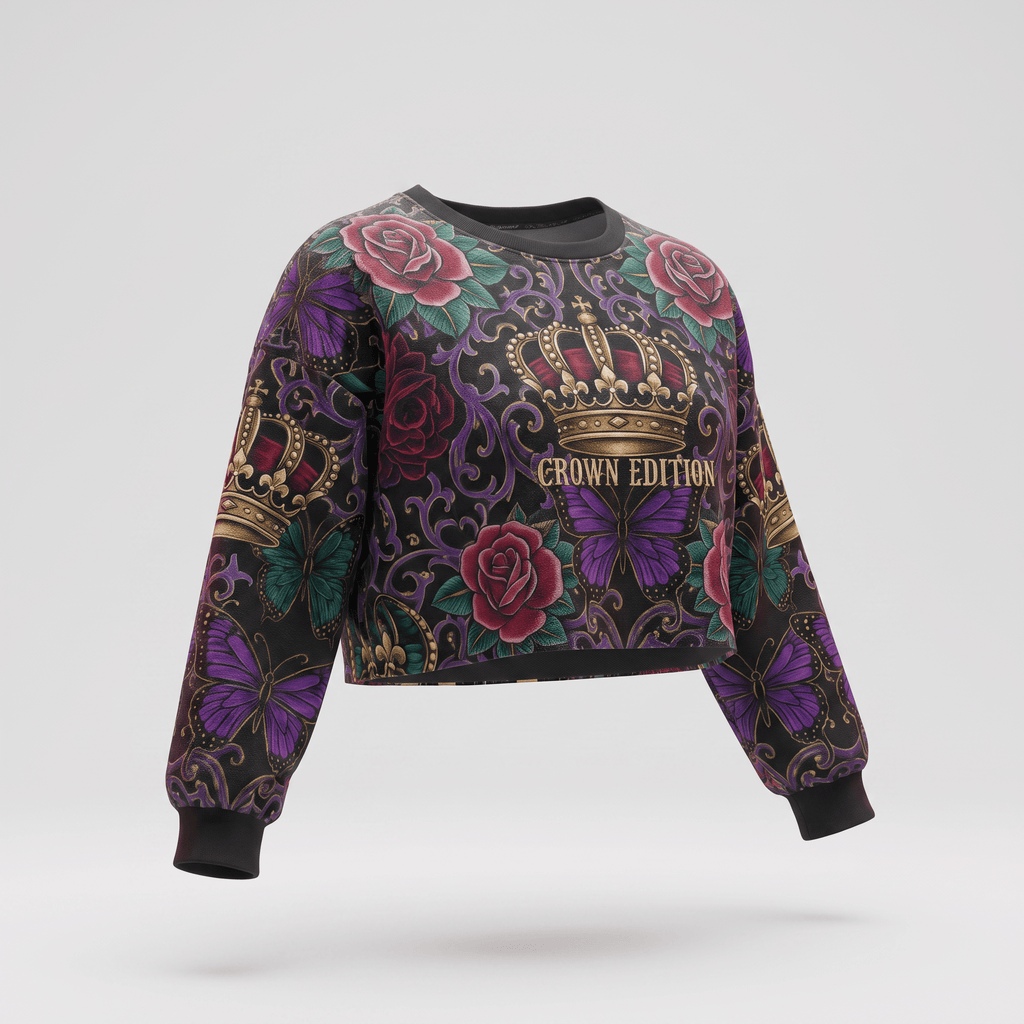 Black crop sweatshirt featuring a gold crown edition graphic, purple butterflies, and red roses.
