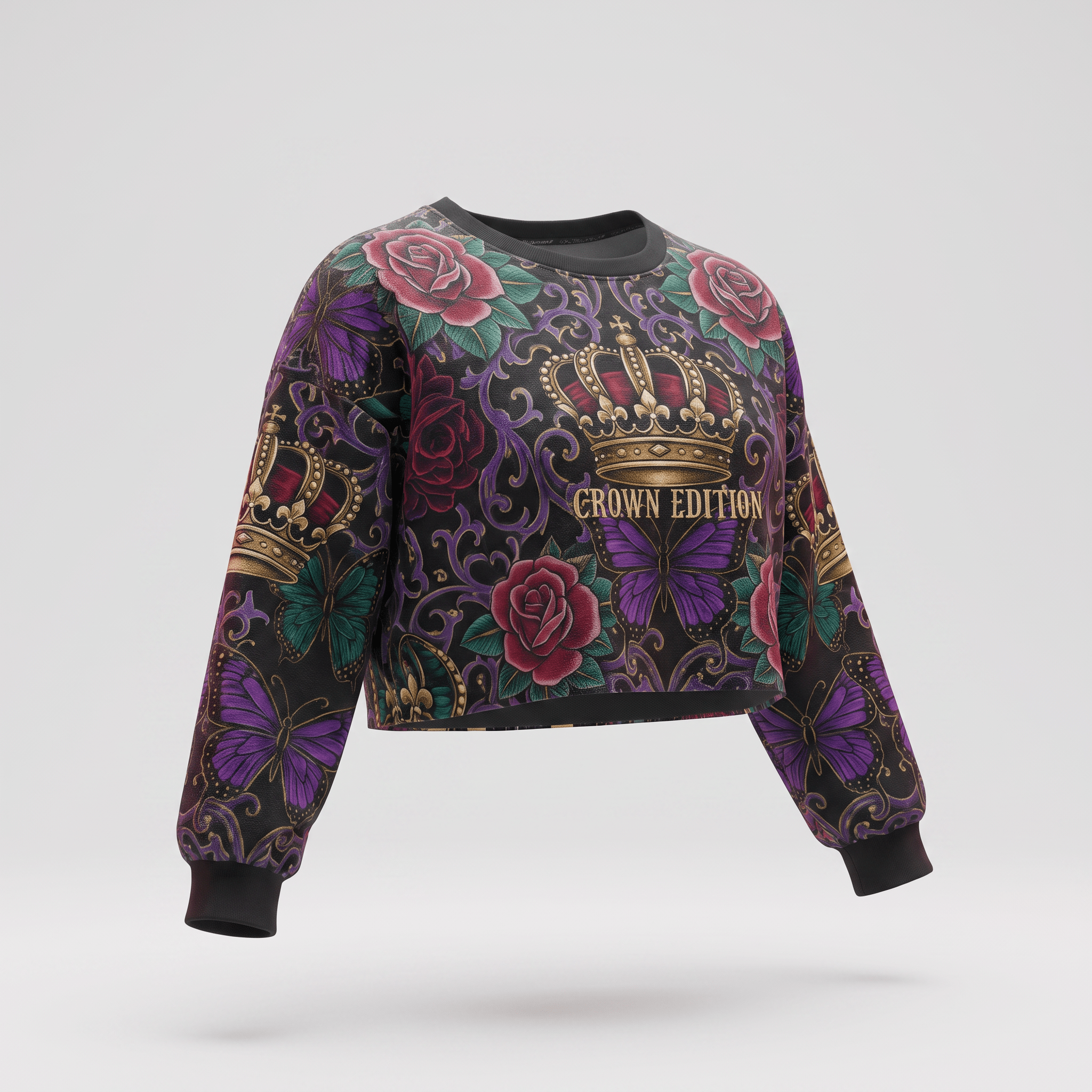 Black crop sweatshirt featuring a gold crown edition graphic, purple butterflies, and red roses.