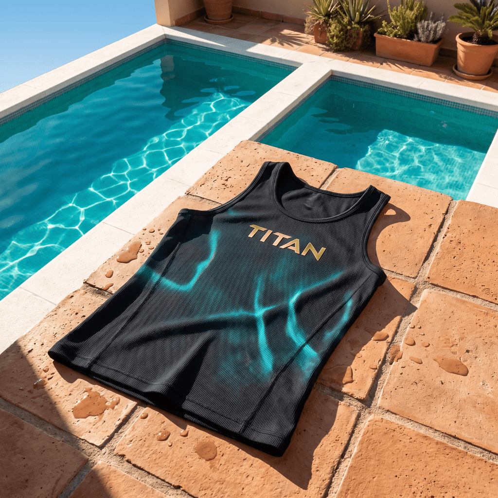 Black ribbed athletic tank top with gold "TITAN" logo, featuring blue light accents, on a wet poolside stone deck.