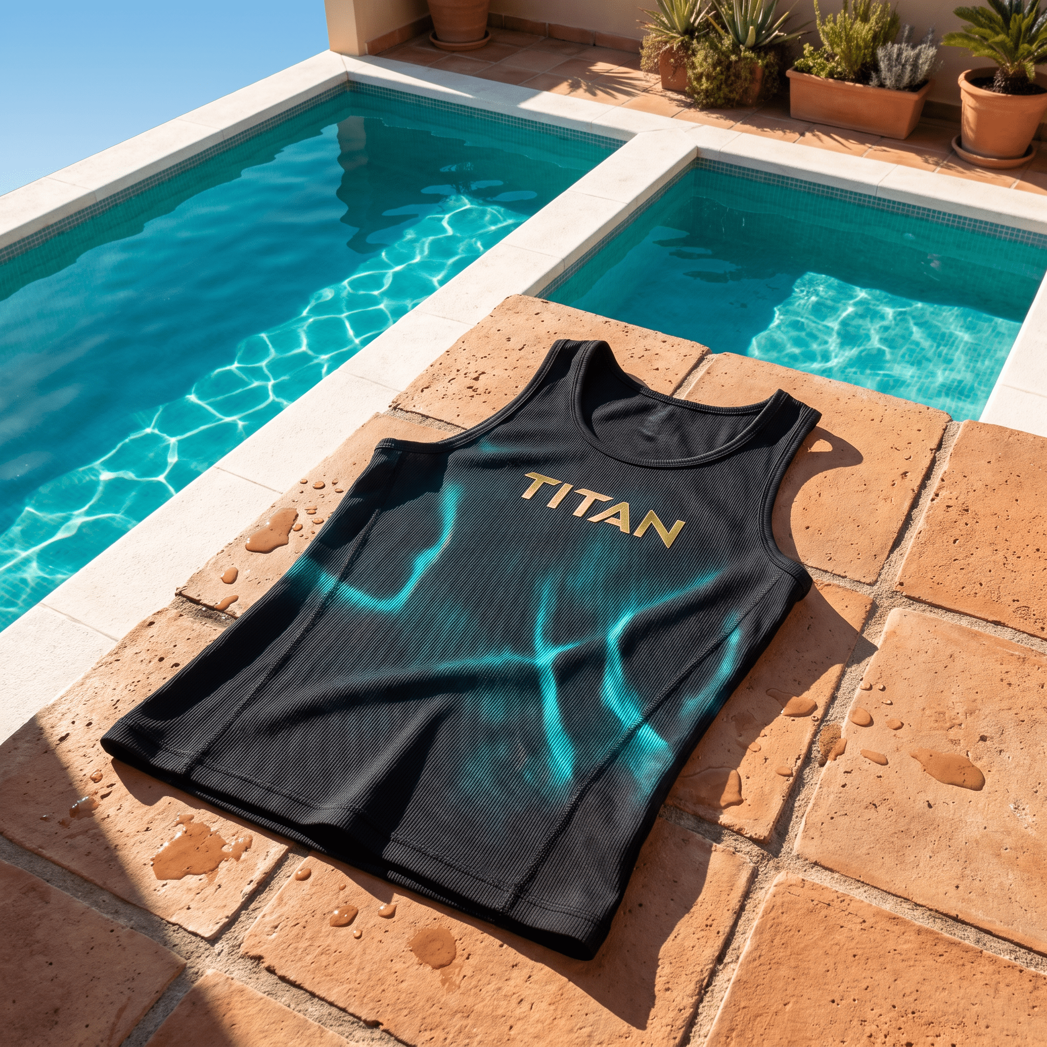 Black ribbed athletic tank top with gold "TITAN" logo, featuring blue light accents, on a wet poolside stone deck.