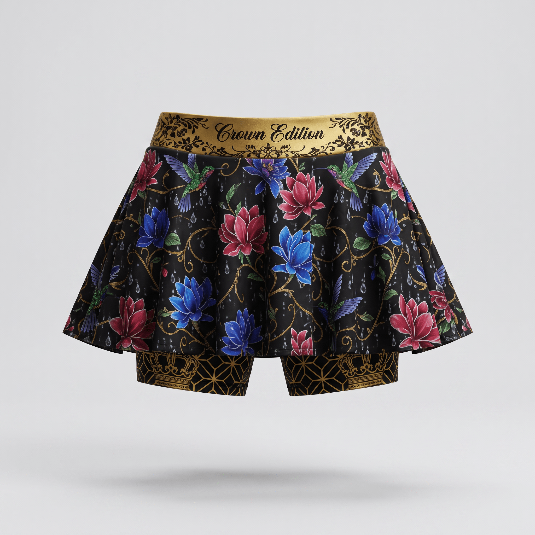 Black athletic skort featuring red and blue floral print, hummingbirds, and a gold Crown Edition waistband.