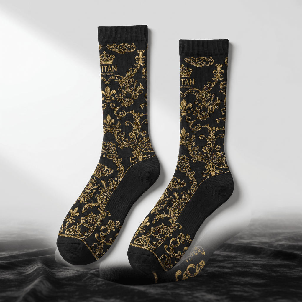 Black crew socks with gold baroque filigree pattern and Titan branding on a dark draped surface.