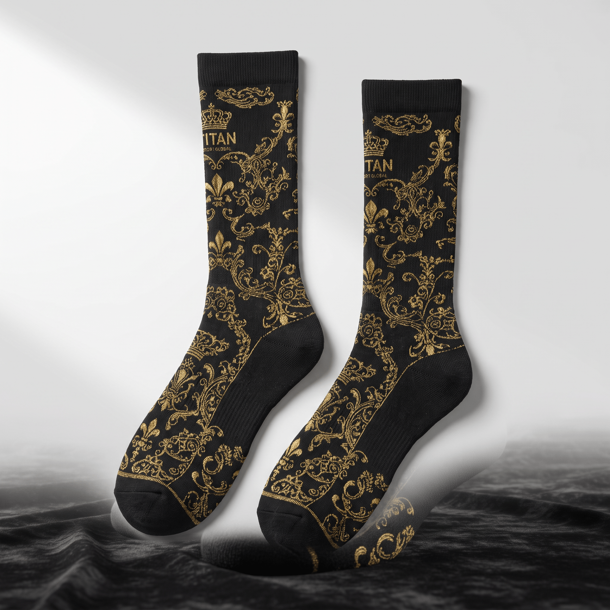 Black crew socks featuring an intricate gold baroque filigree and crown pattern displayed on a neutral surface.