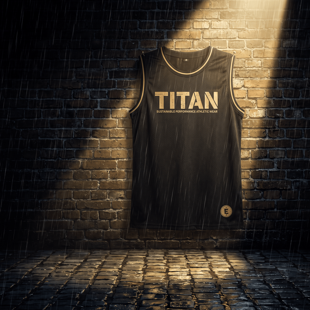 Black basketball jersey with gold "TITAN" logo, hanging against a rainy, spotlighted brick wall.