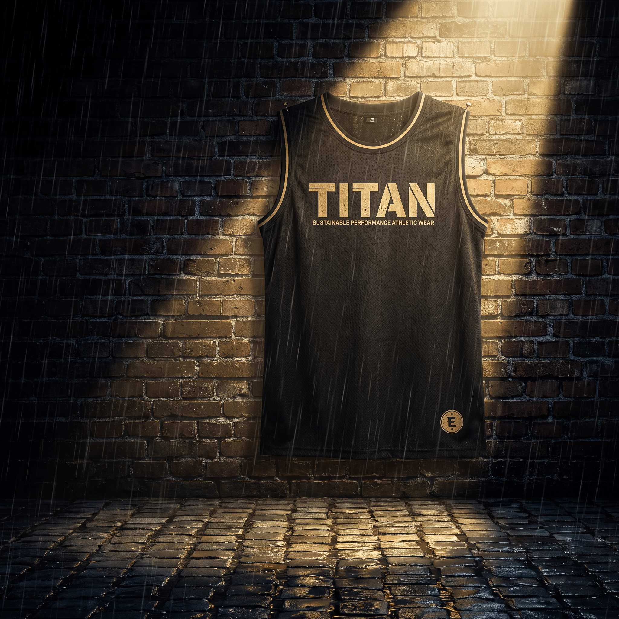 Black basketball jersey with gold "TITAN" logo, hanging against a rainy, spotlighted brick wall.