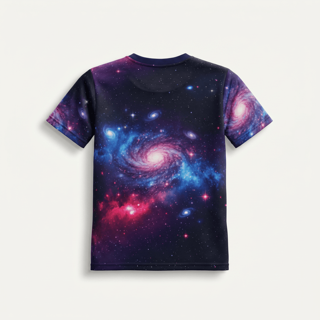 Back of a short-sleeve crewneck t-shirt with vibrant purple, blue, and pink galaxy print.