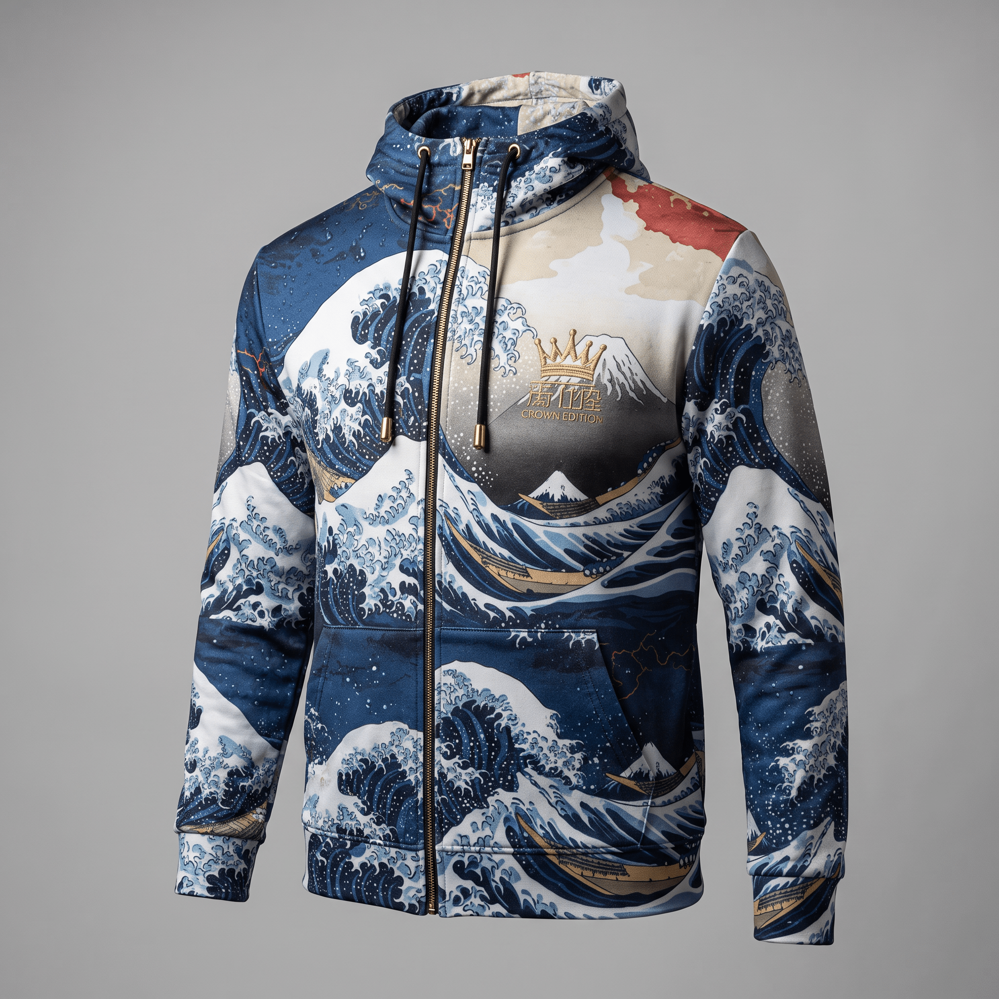 Blue and white zip-up hoodie featuring a Japanese wave art graphic print and a gold crown logo.
