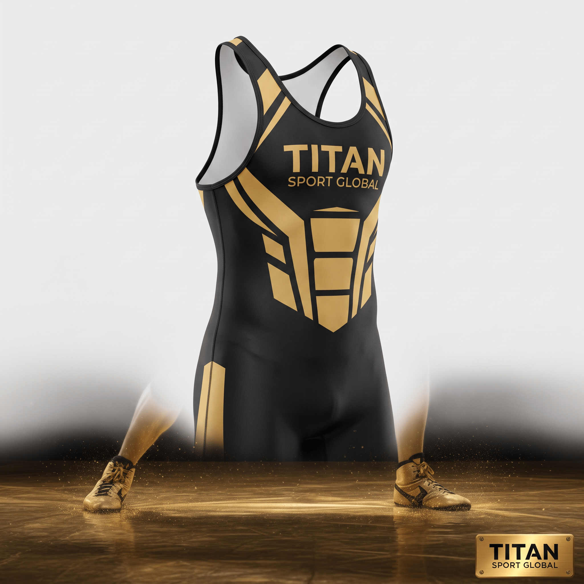 Black and gold Titan Sport Global wrestling singlet with geometric chest graphics and matching shoes.