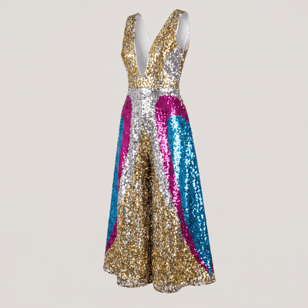 V-neck sequin jumpsuit in gold, silver, pink, and blue colorblock design on a light background.