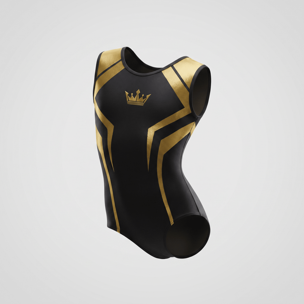 Black and gold metallic gymnastics leotard with a crown logo on a white background.