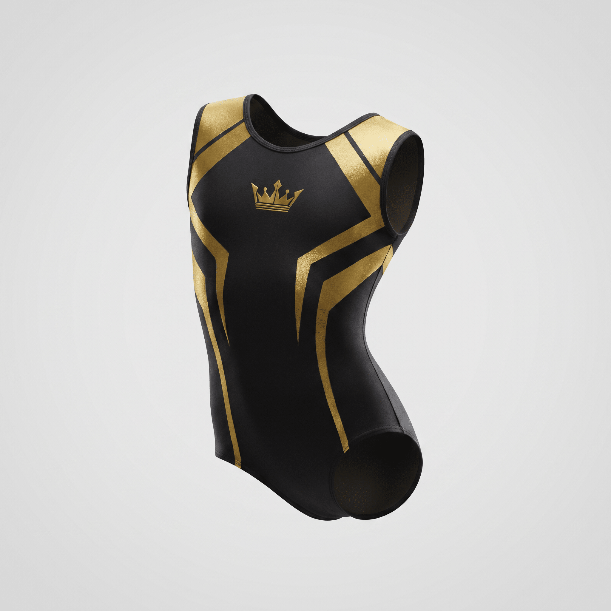 Black and gold metallic gymnastics leotard with a crown logo on a white background.
