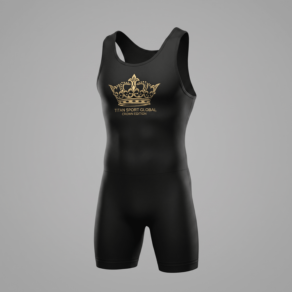 Black athletic wrestling singlet with a gold crown logo and Titan Sport Global text on the chest.