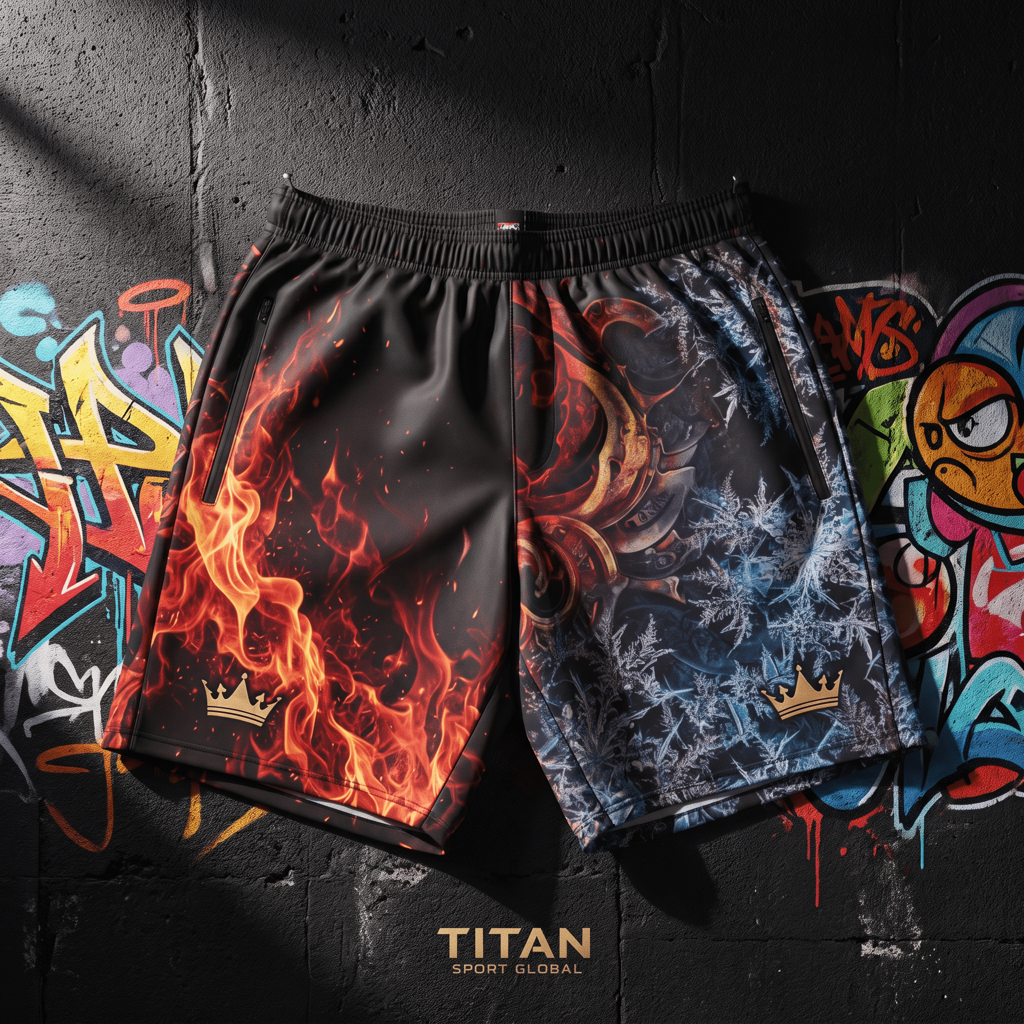 Athletic shorts with a split fire and ice design, featuring gold crown logos against a graffiti background.