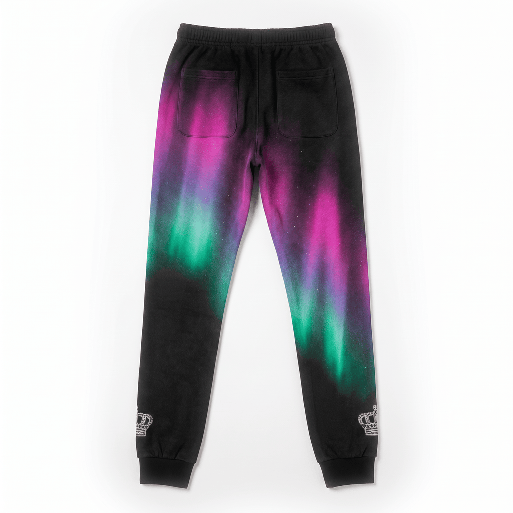 Back view of black fleece sweatpants with vibrant pink and green aurora borealis print and crown logos on cuffs.