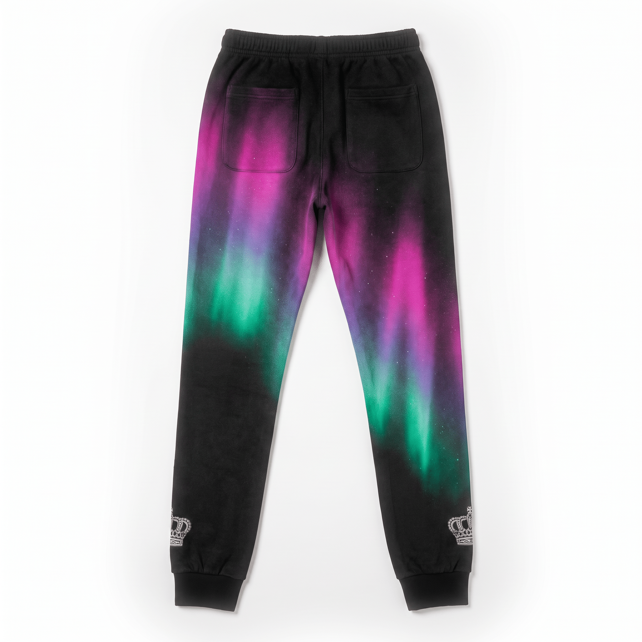 Back view of black fleece sweatpants with vibrant pink and green aurora borealis print and crown logos on cuffs.
