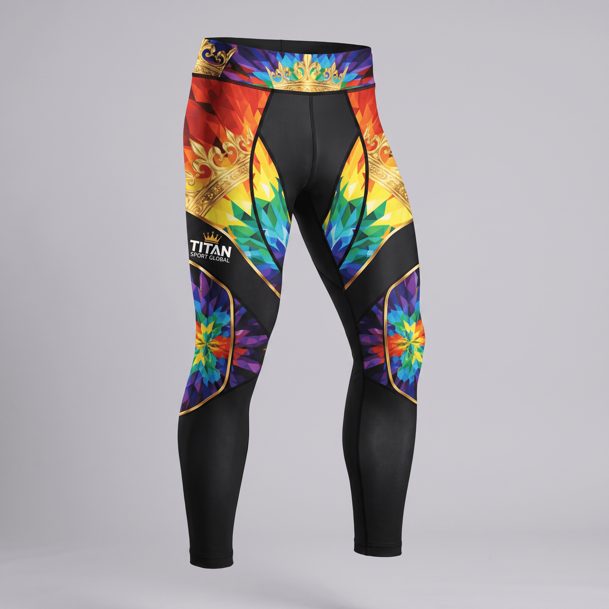 Titan Sport Global athletic leggings featuring a colorful rainbow geometric crown print on black.
