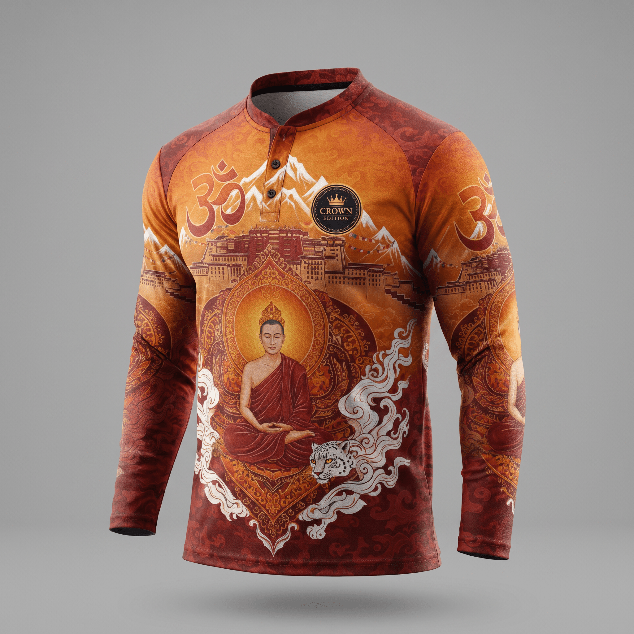 Orange long sleeve henley shirt featuring a Buddha graphic, Potala Palace, and snow leopard.