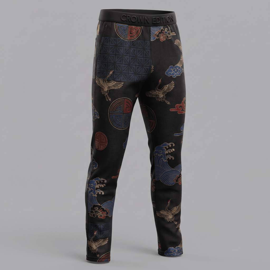 Black Crown Edition jogger pants with blue and red Japanese crane, wave, and geometric patterns.