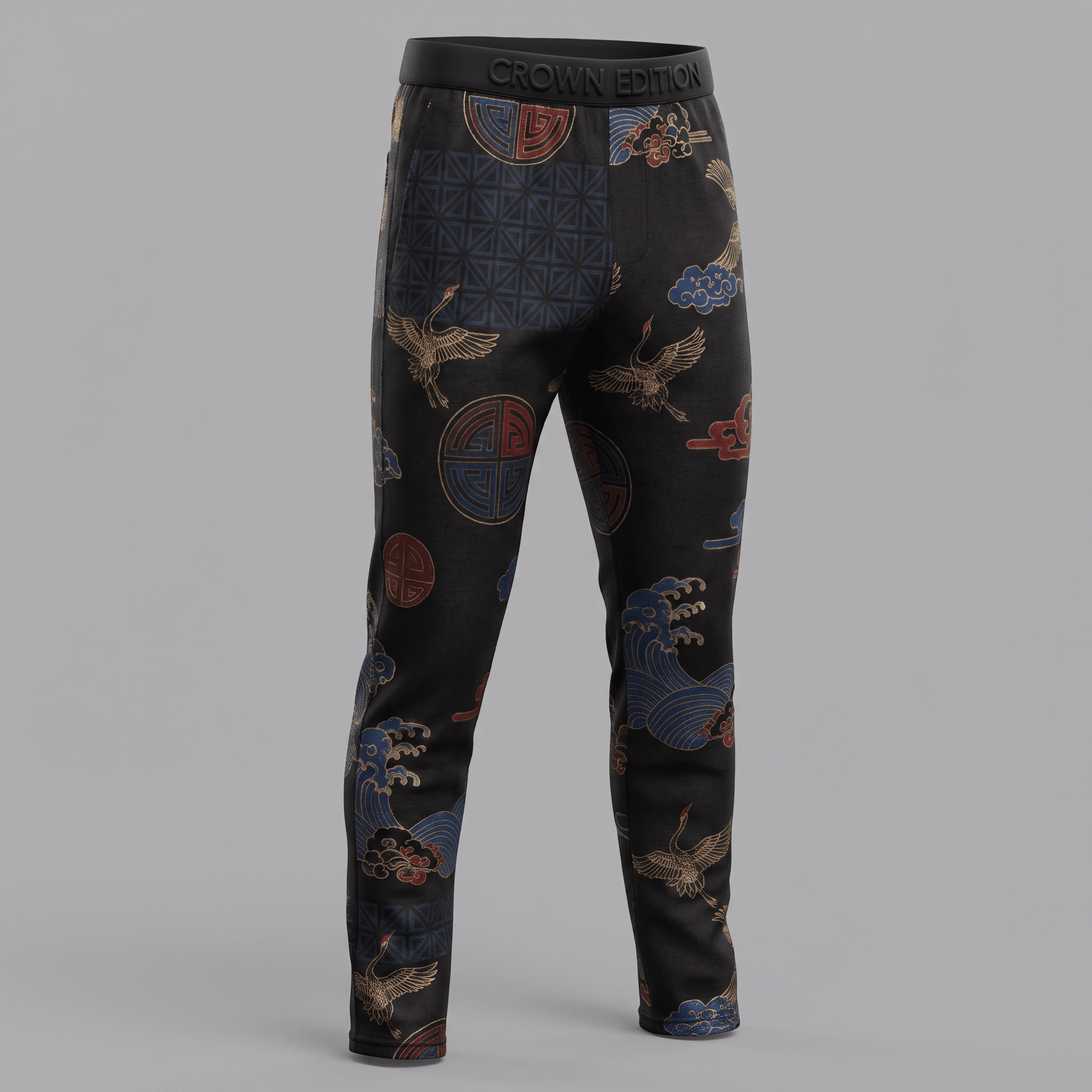 Black Crown Edition jogger pants with blue and red Japanese crane, wave, and geometric patterns.