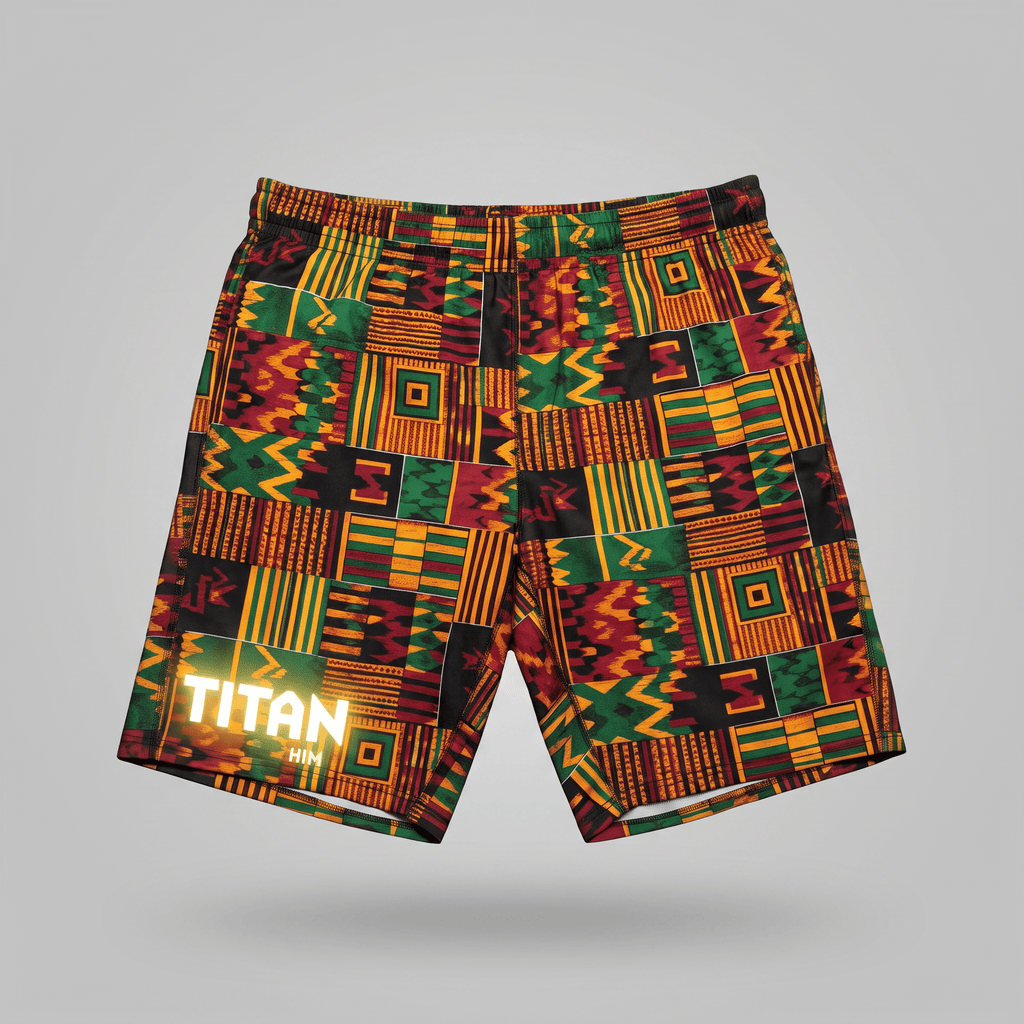 Athletic shorts with a colorful Kente print, featuring red, green, yellow, and black geometric patterns.