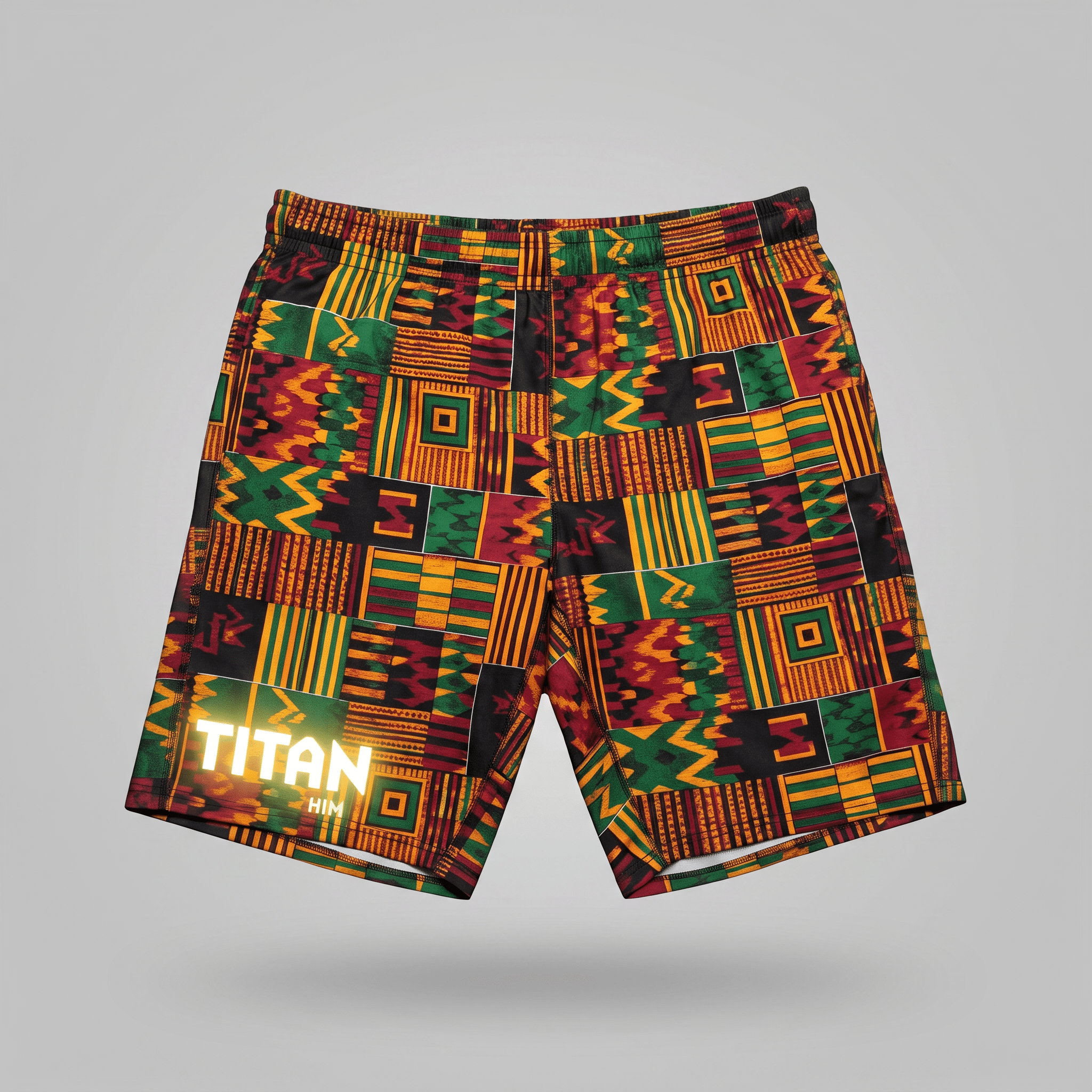 Athletic shorts with a colorful Kente print, featuring red, green, yellow, and black geometric patterns.