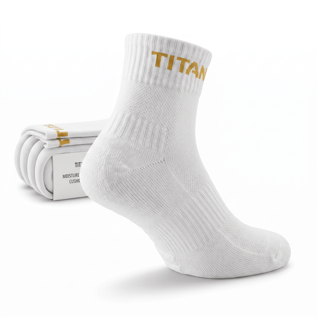 White athletic ankle sock with gold Titan branding, shown standing upright with folded socks in the background.
