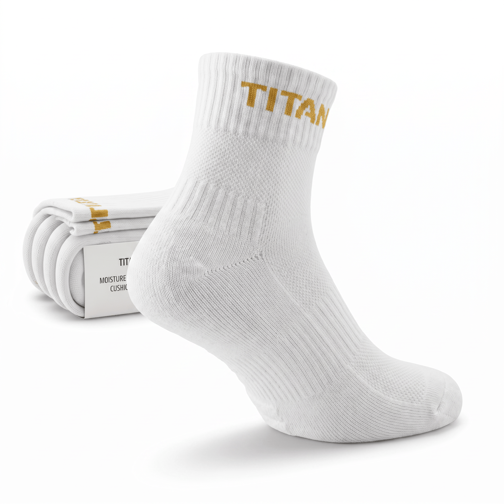 White athletic ankle sock with gold Titan branding, shown standing upright with folded socks in the background.