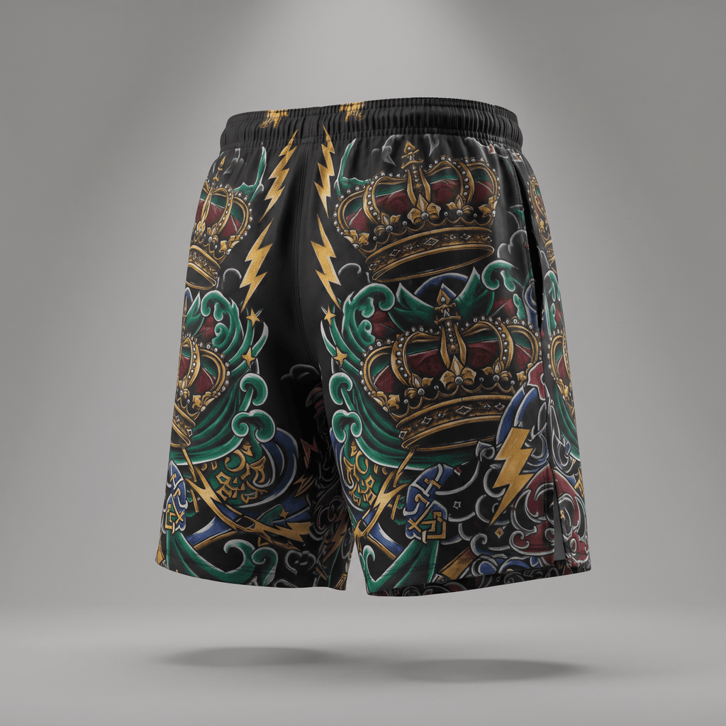 Black athletic shorts with tattoo-style crown and lightning bolt print, shown from behind.