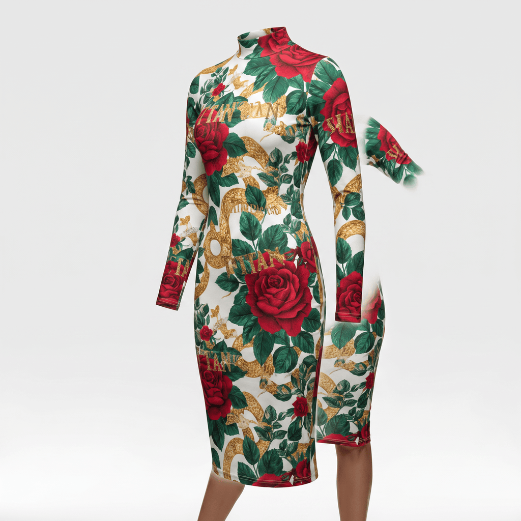 Long-sleeve midi dress featuring a red rose and gold snake print on a white background.