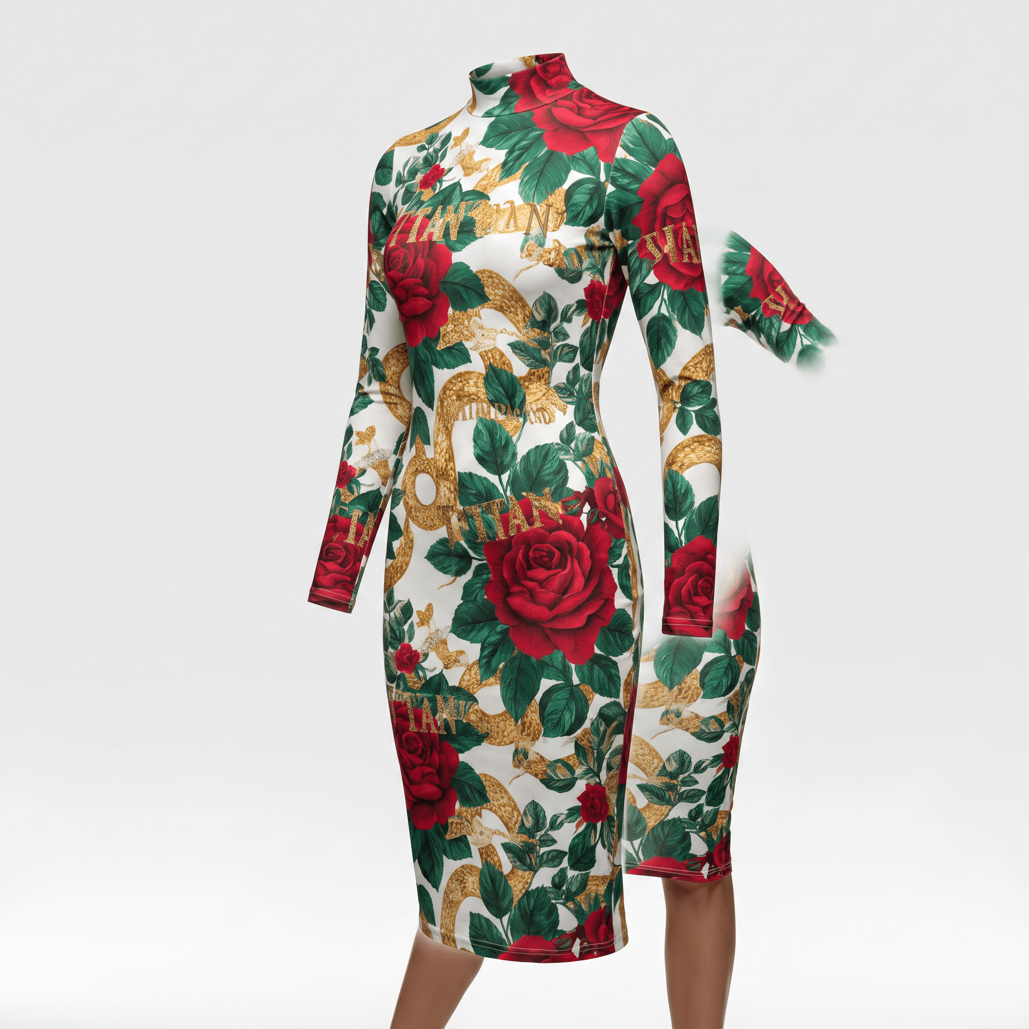 Long-sleeve midi dress featuring a red rose and gold snake print on a white background.
