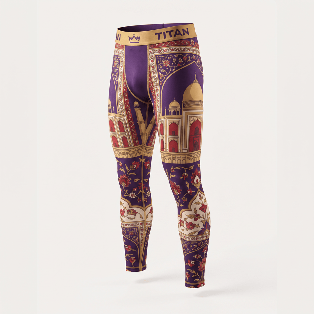 Purple Titan compression tights with an intricate Taj Mahal and floral palace print and gold waistband.
