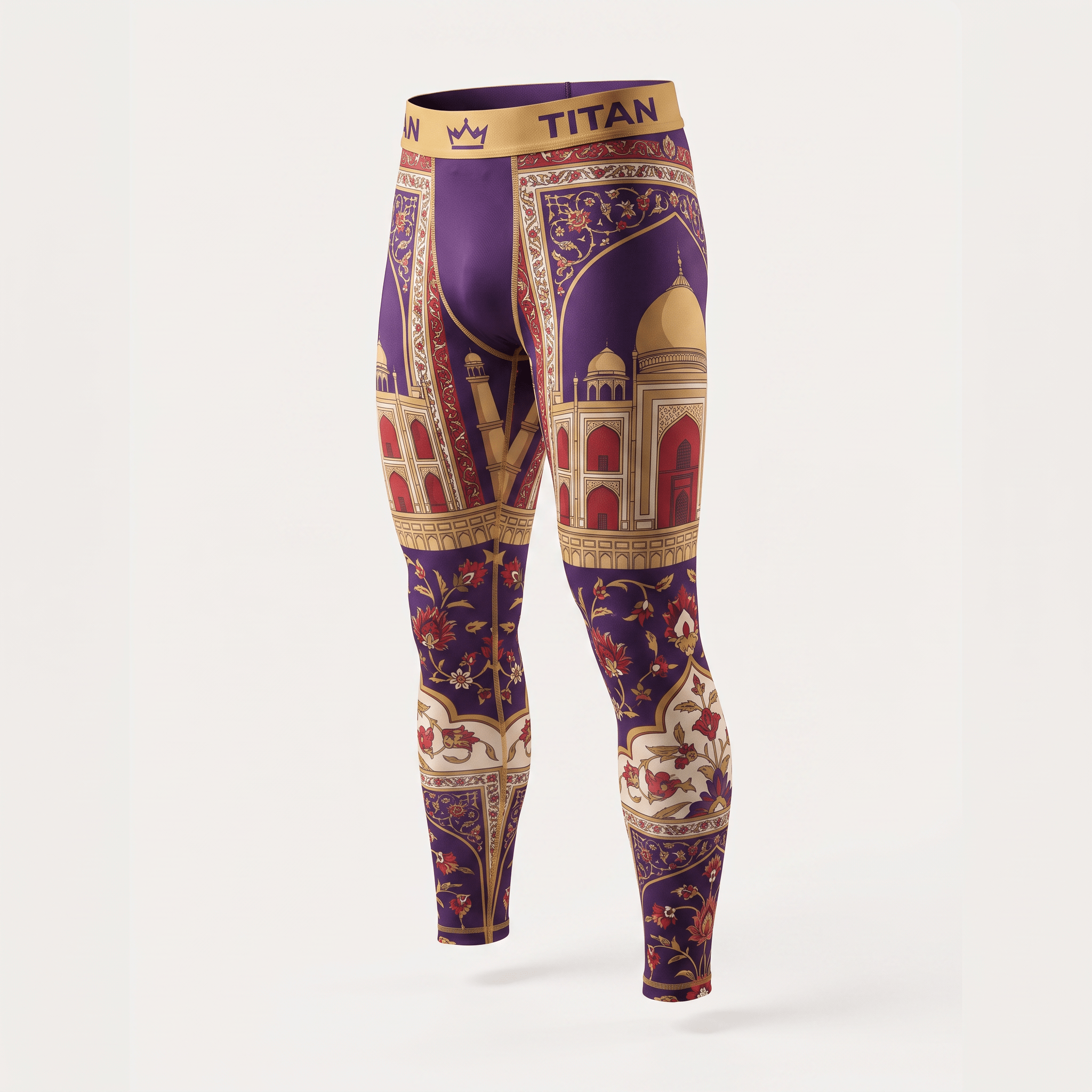 Purple Titan compression tights with an intricate Taj Mahal and floral palace print and gold waistband.