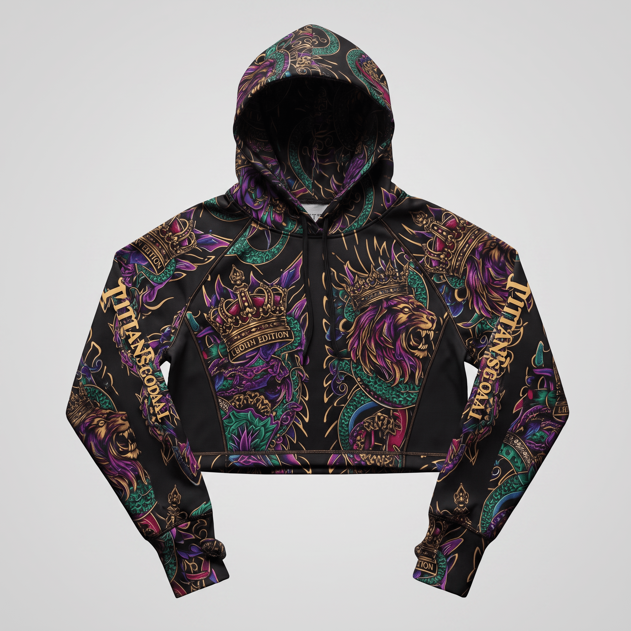 Black cropped hoodie with intricate colorful tattoo style graphics of crowned lions and snakes.