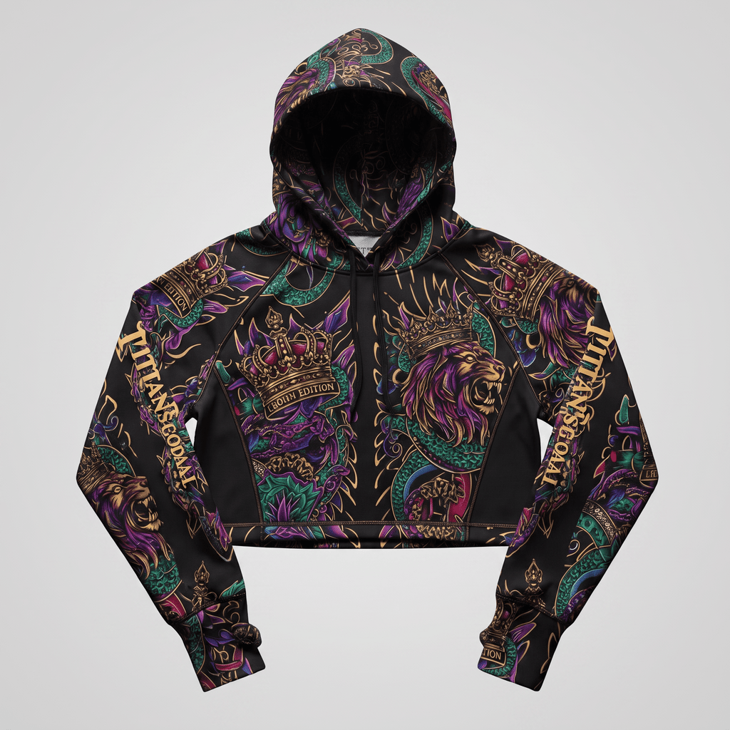 Black cropped hoodie featuring a colorful tattoo-style print with lions, crowns, and snakes.