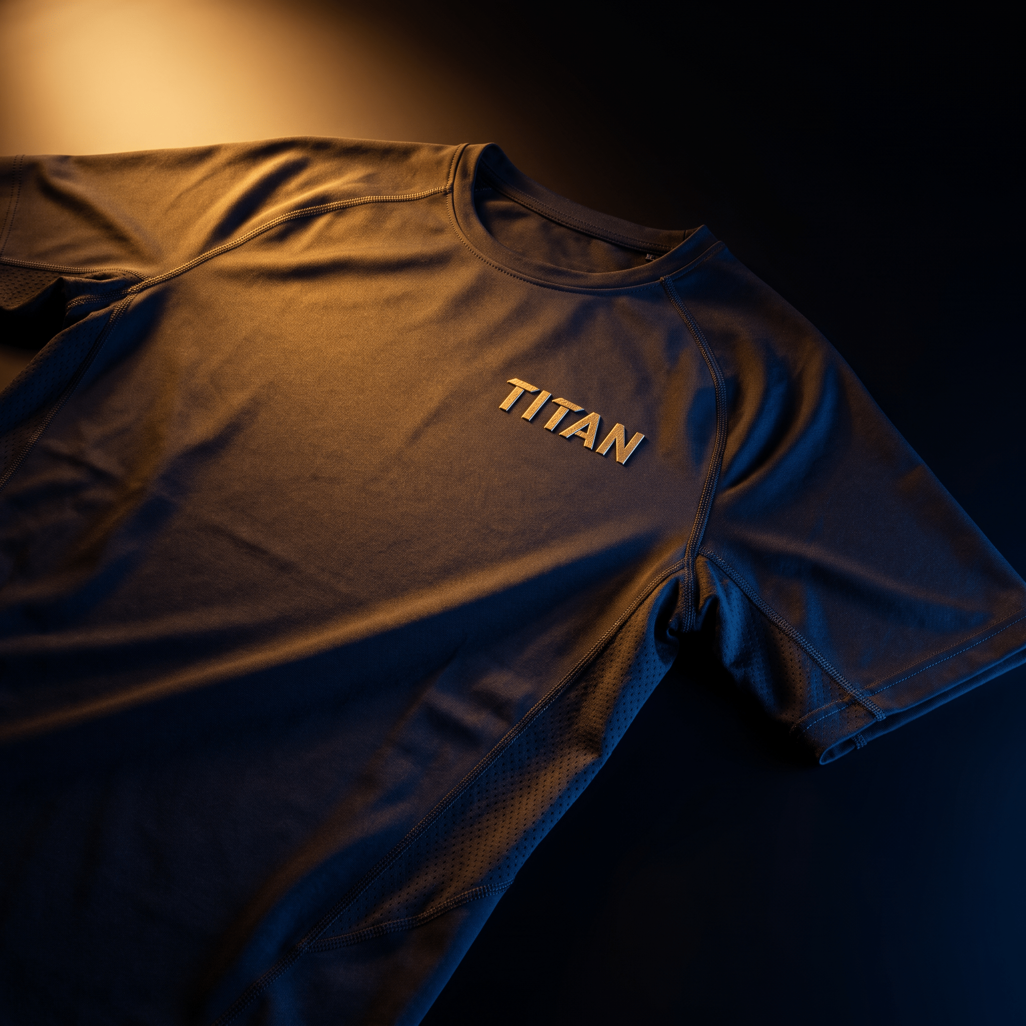 Charcoal gray athletic t-shirt with perforated side panels and a metallic gold "TITAN" logo on the chest.