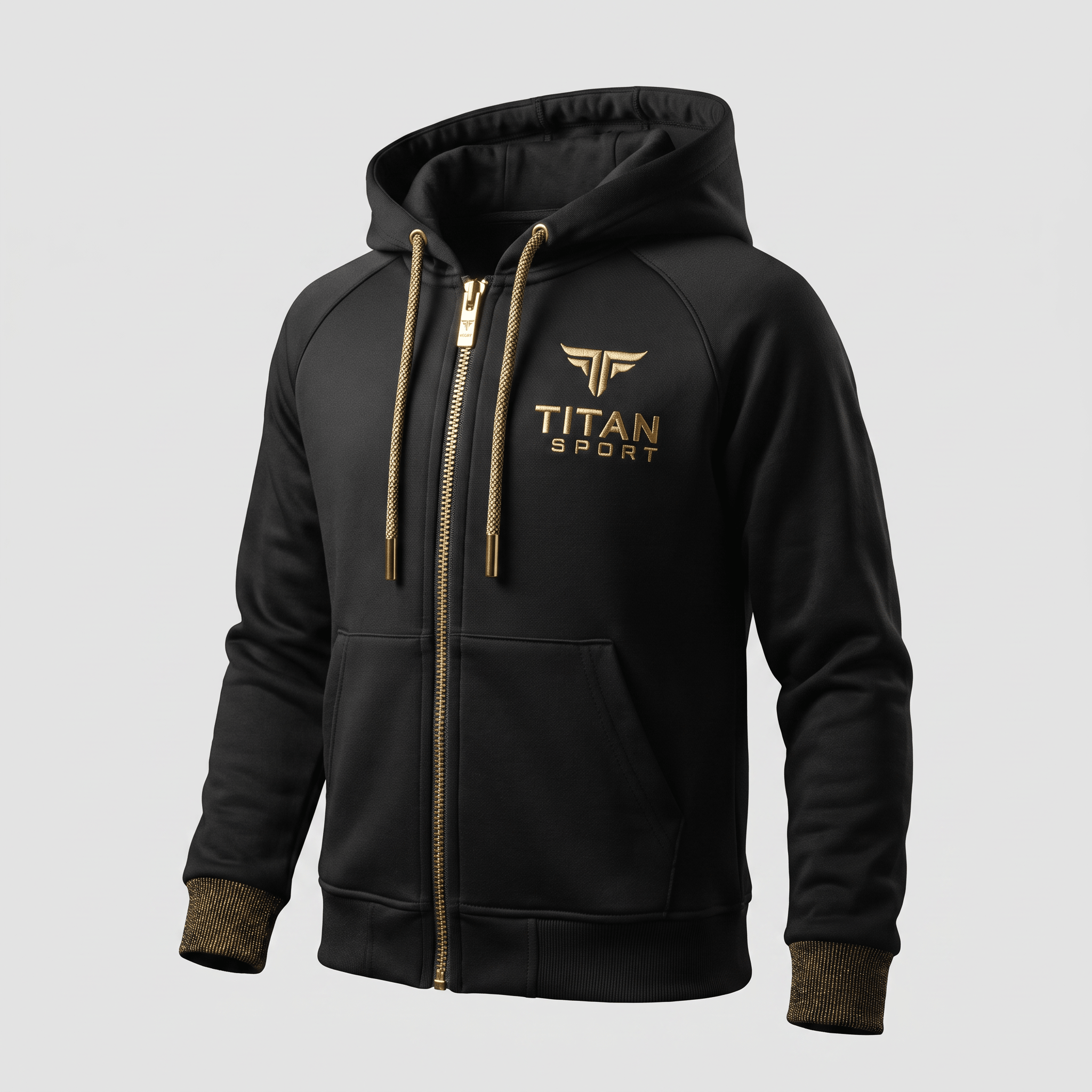 Black full-zip hoodie with gold Titan Sport logo, zipper, and matching metallic drawstrings.