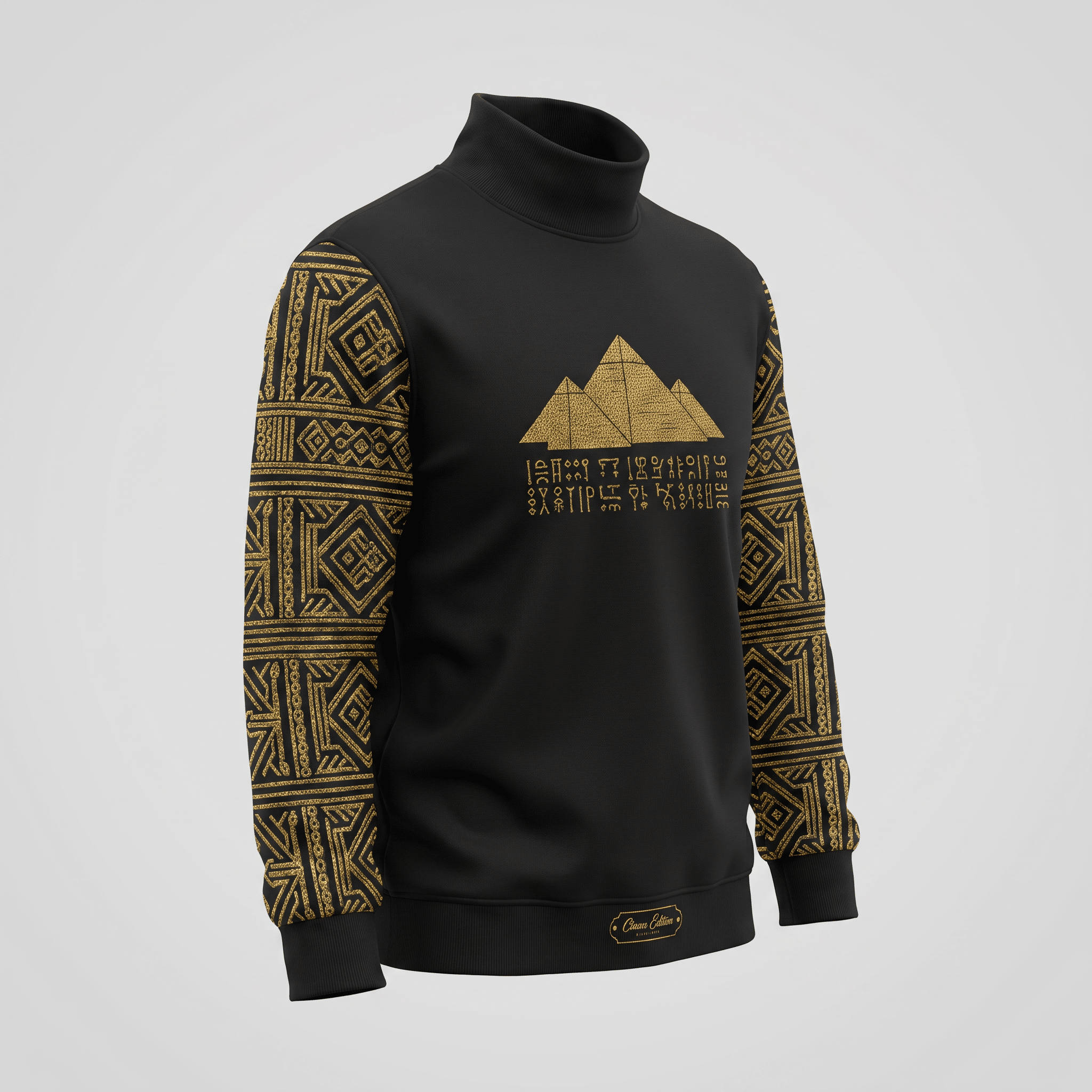 Black mock neck sweatshirt with gold Egyptian pyramid graphics on chest and patterned sleeves.
