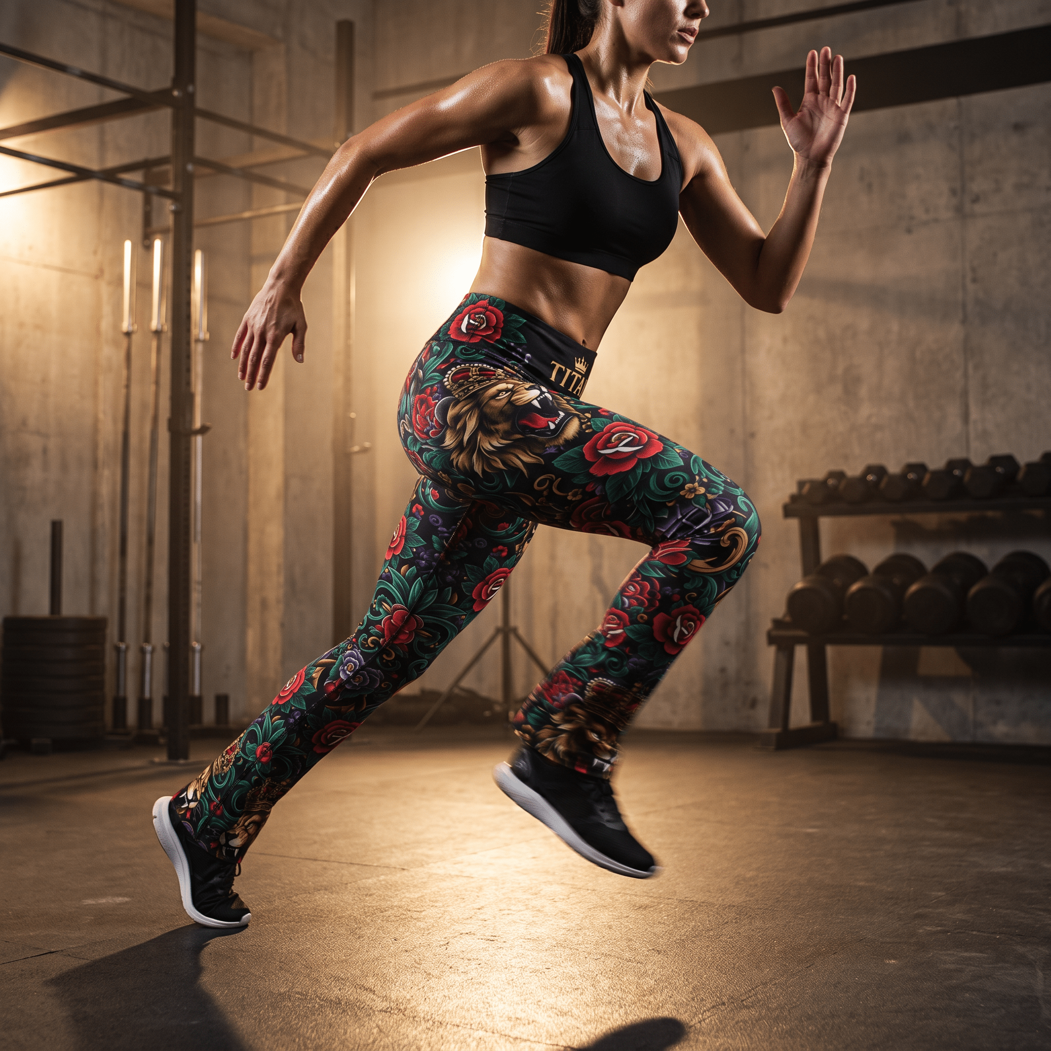 Female athlete wearing TITAN Crown Edition lion tattoo art leggings and black sports bra while sprinting in gym.