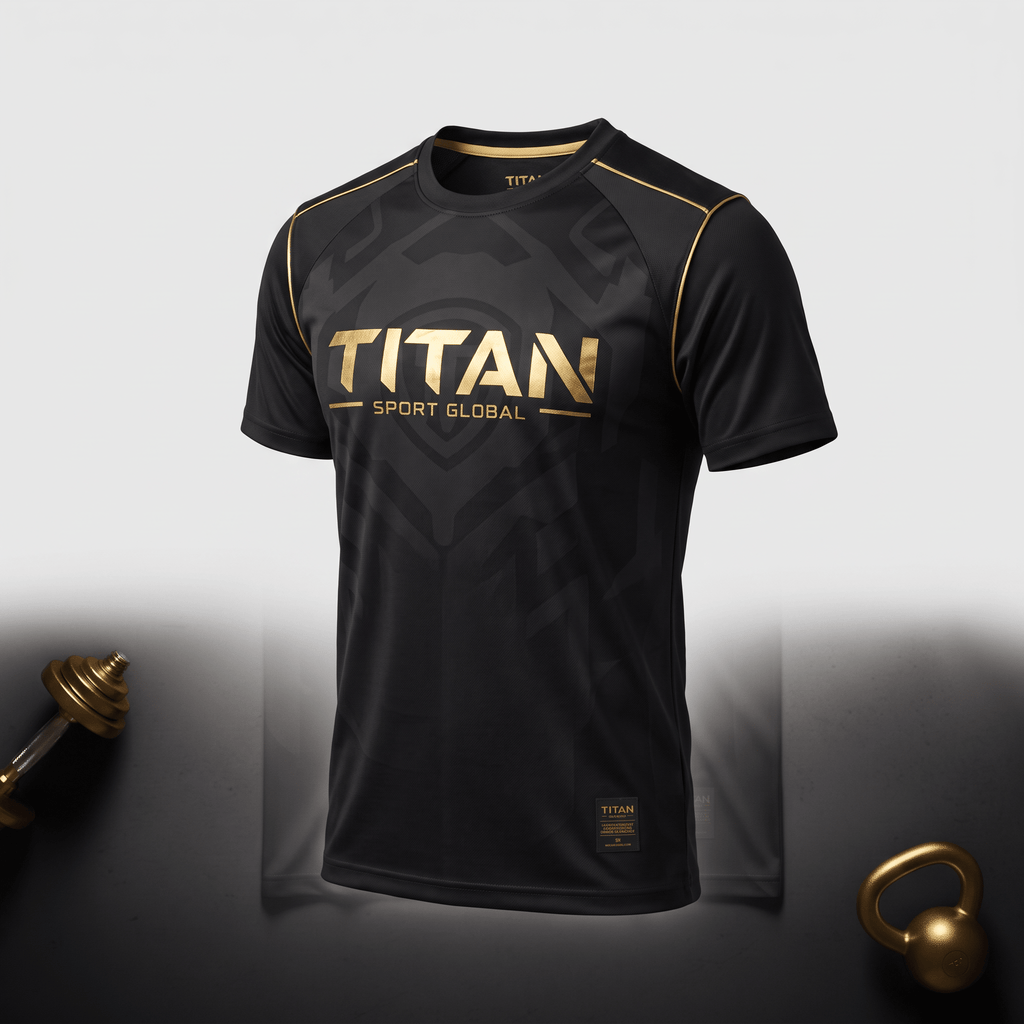 Black athletic t-shirt with gold Titan Sport Global logo, piping, and subtle geometric pattern for fitness training.