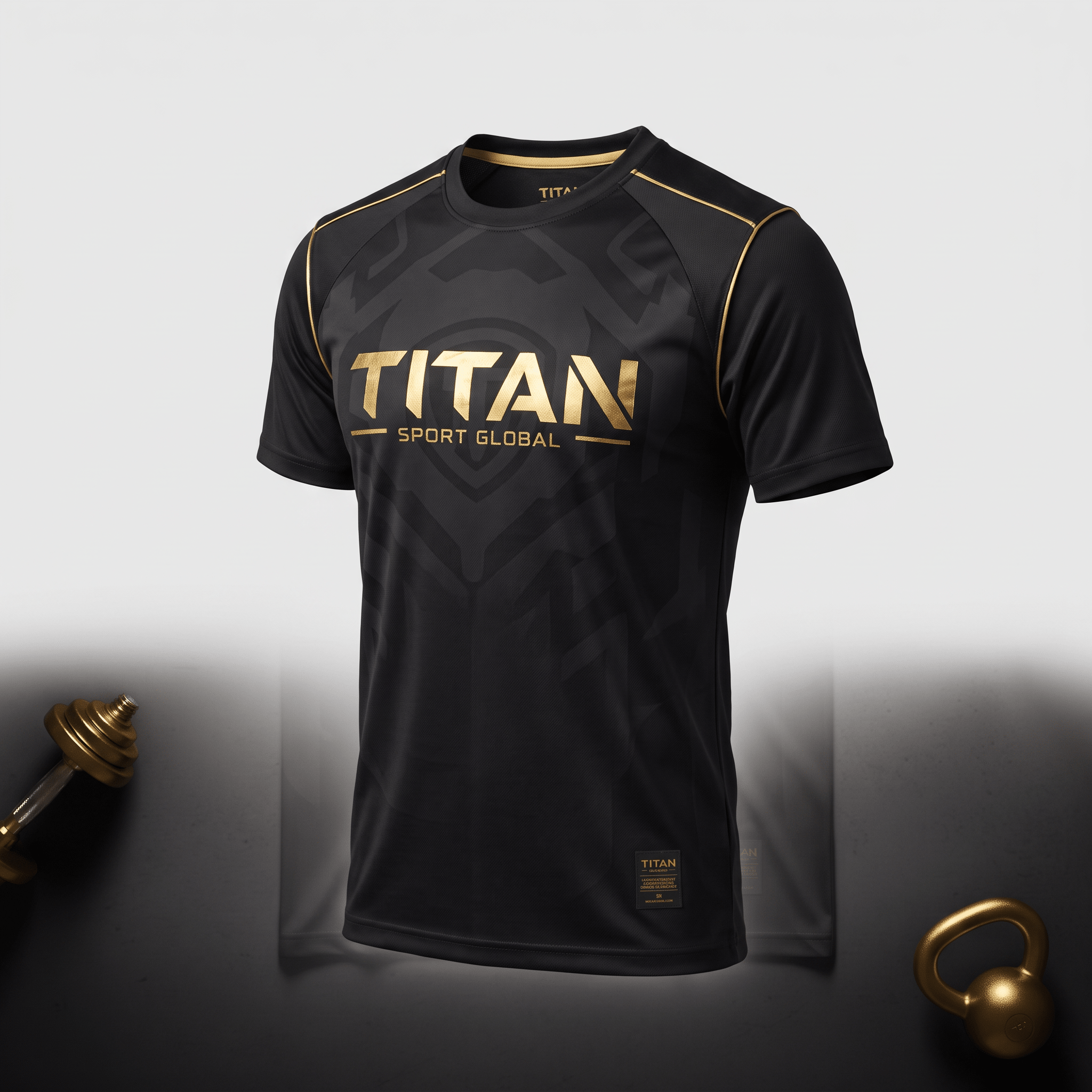 Black and gold athletic t-shirt with Titan Sport Global logo, featuring a subtle geometric pattern and piping.